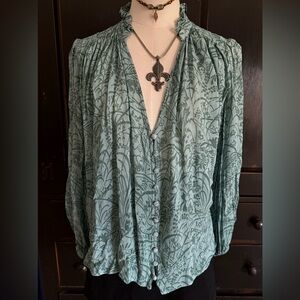 Anthropologie Light Teal Floral Button-Front Women's Blouse